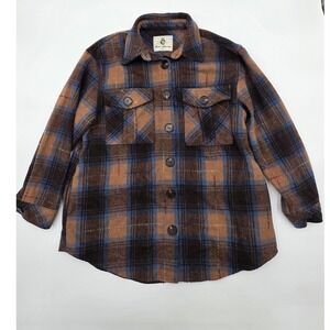 Red Marine Kids Plaid Flannel Shirt Jacket Brown Blue‎ Button Down Youth Large